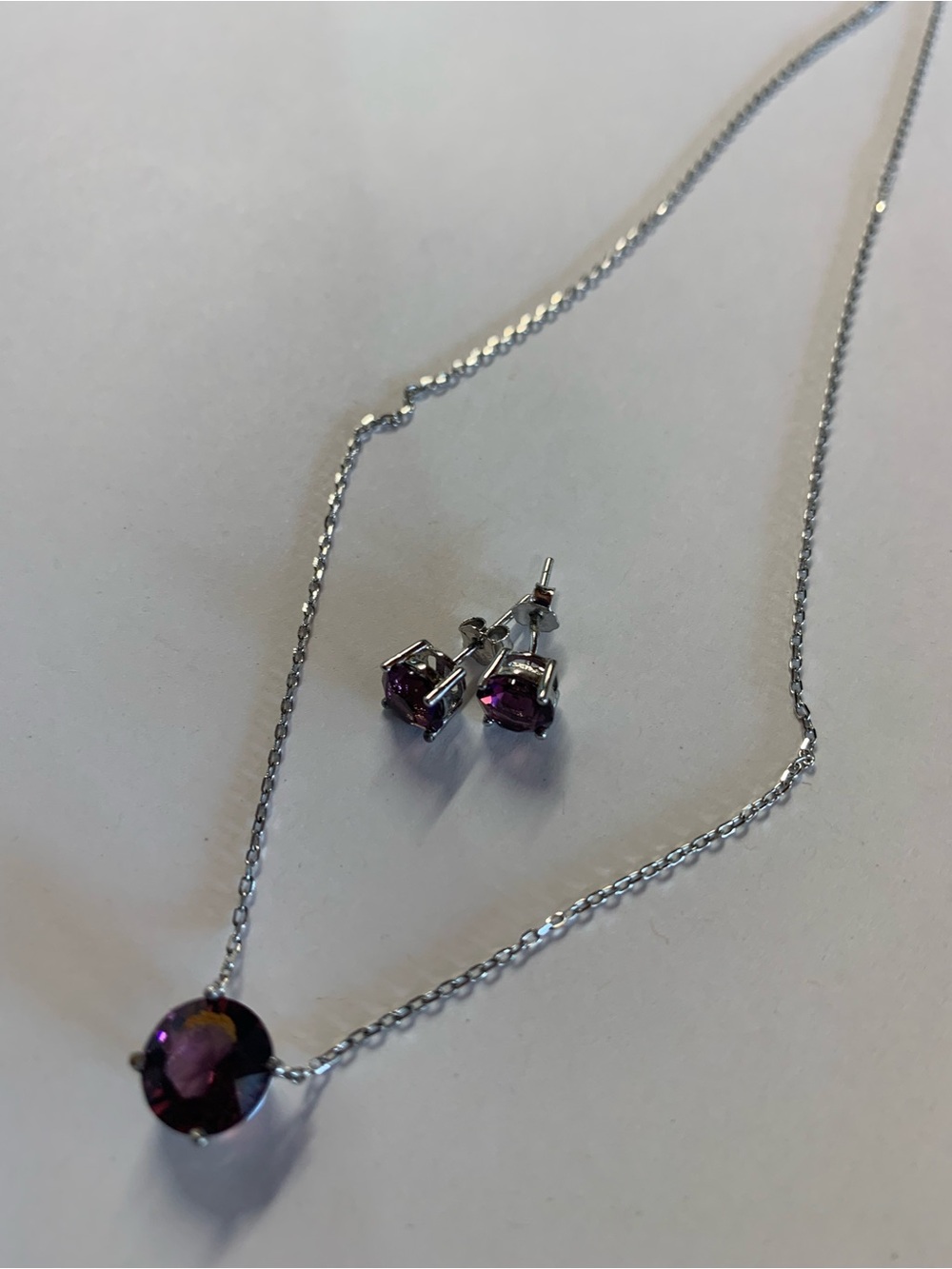 Silver Necklace and Stud Earrings Set with Purple Gemstones